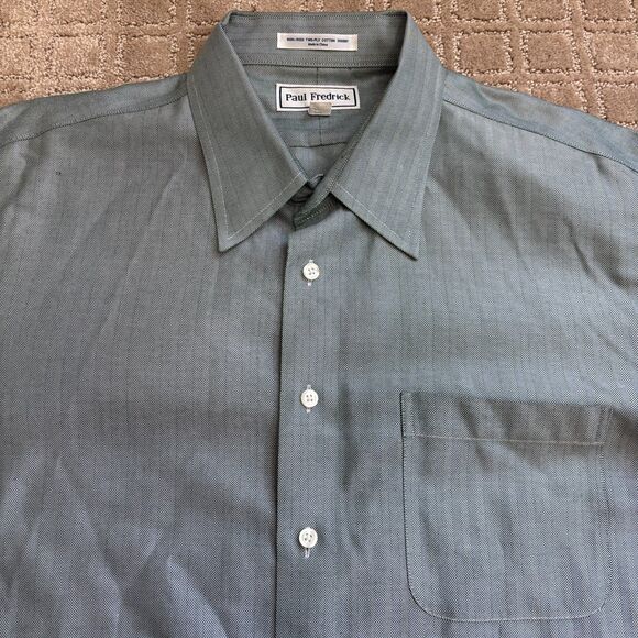 Paul Fredrick Herringbone Button Down Shirt Mens 17.5-37  Navy White Non Iron - Picture 2 of 8